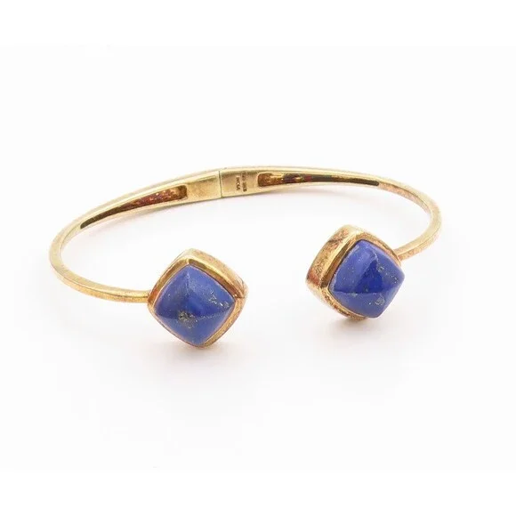 925 Sterling Silver Vintage Bracelet Gold Parted Lapis Lazuli Ended Cuff BT11337 - Picture 2 of 9
